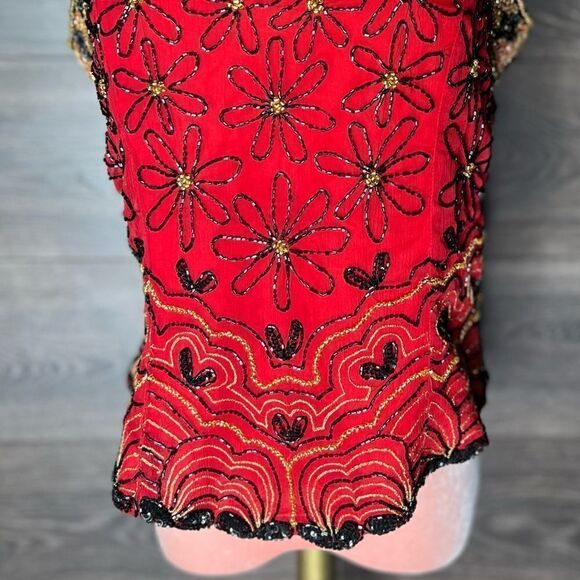 Chaudry Beaded Sleeveless High Neck Top, Red with Black/Gold Beads. Medium. NWT! - Picture 4 of 16